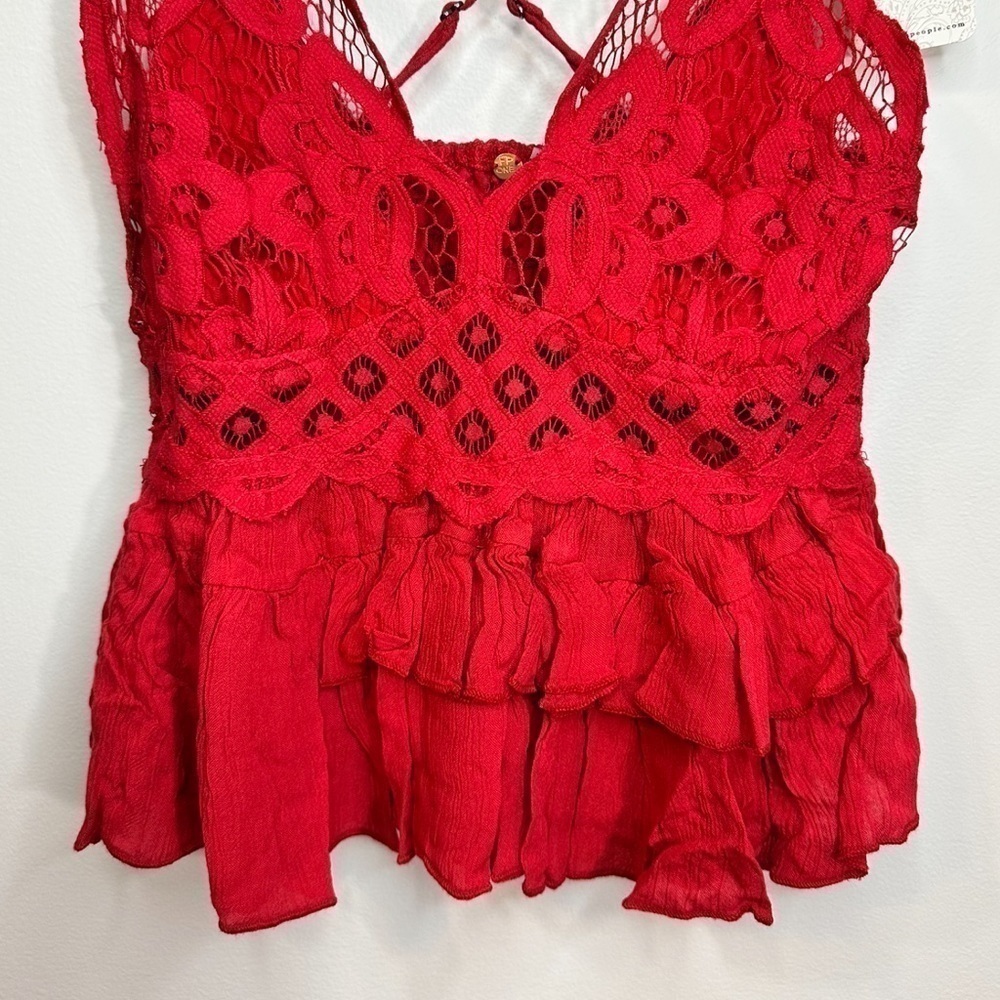 NWT Free People Women’s Adella Lace Ruffled Cami Top Cherry Red Size X-Small - Picture 5 of 13